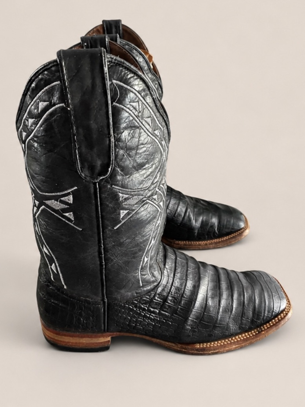 White Diamonds Mens 11.5 Western Cowboy Boots Black Leather Caiman Print